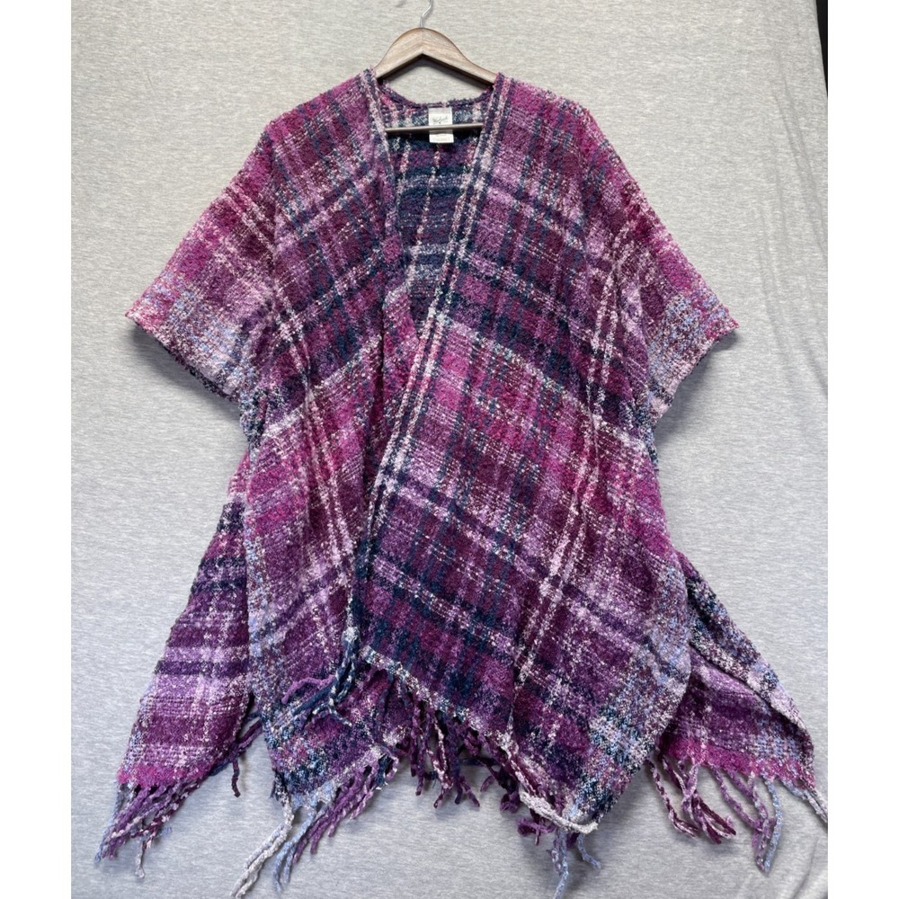 Woolrich Blanket Wrap Women's One Size Purple Blue Plaid‎ Cozy Knit Open Front